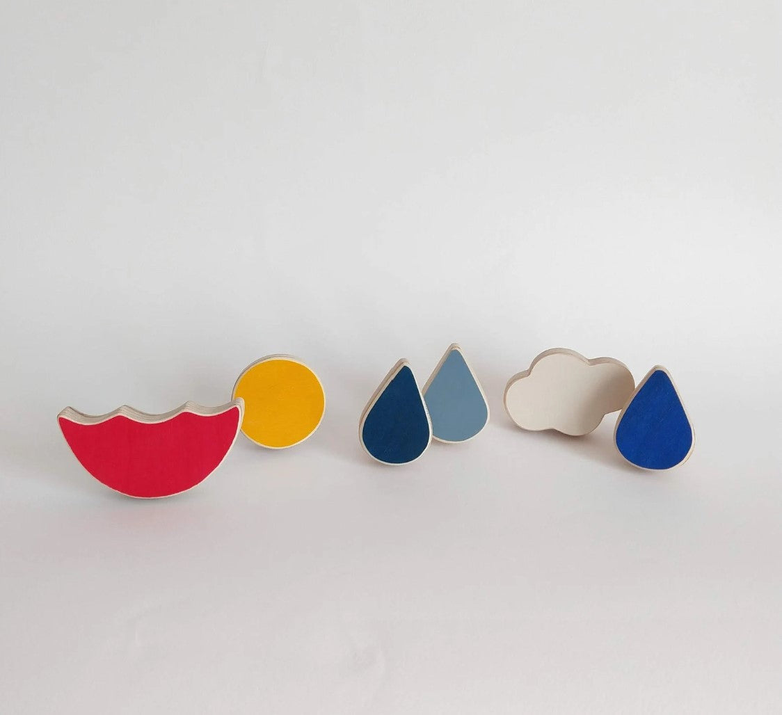 Wooden knobs for children's drawers, umbrella, cloud, sun and drops
