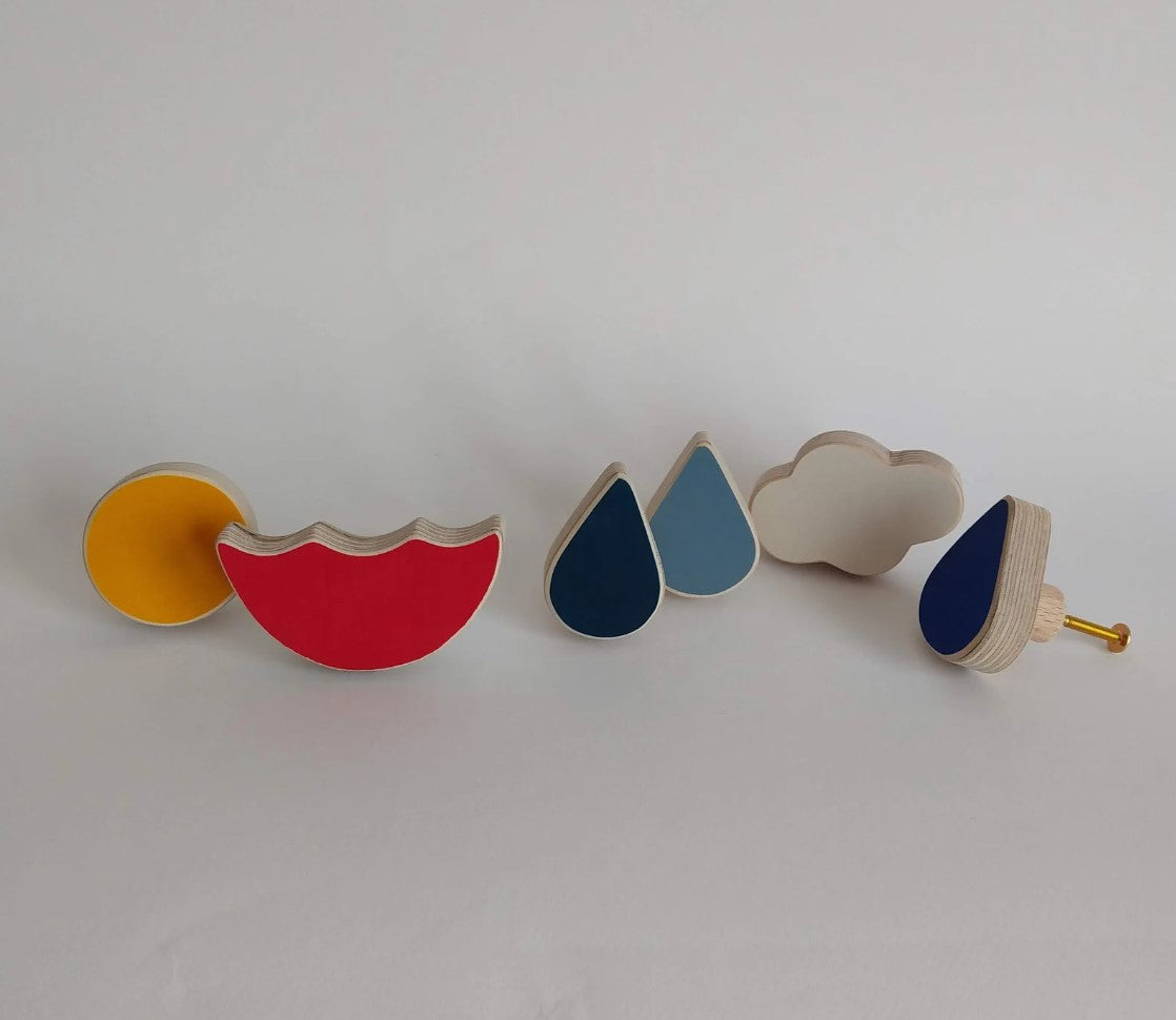 Wooden knobs for children's drawers, umbrella, cloud, sun and drops
