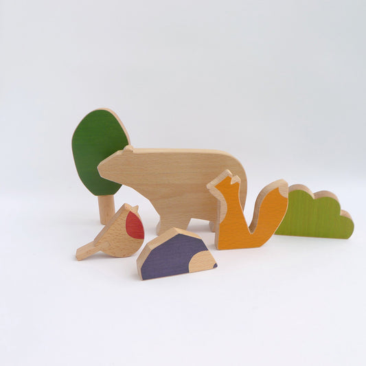 Woodland wooden toy animals. Fox, bear, robin and hedgehog.